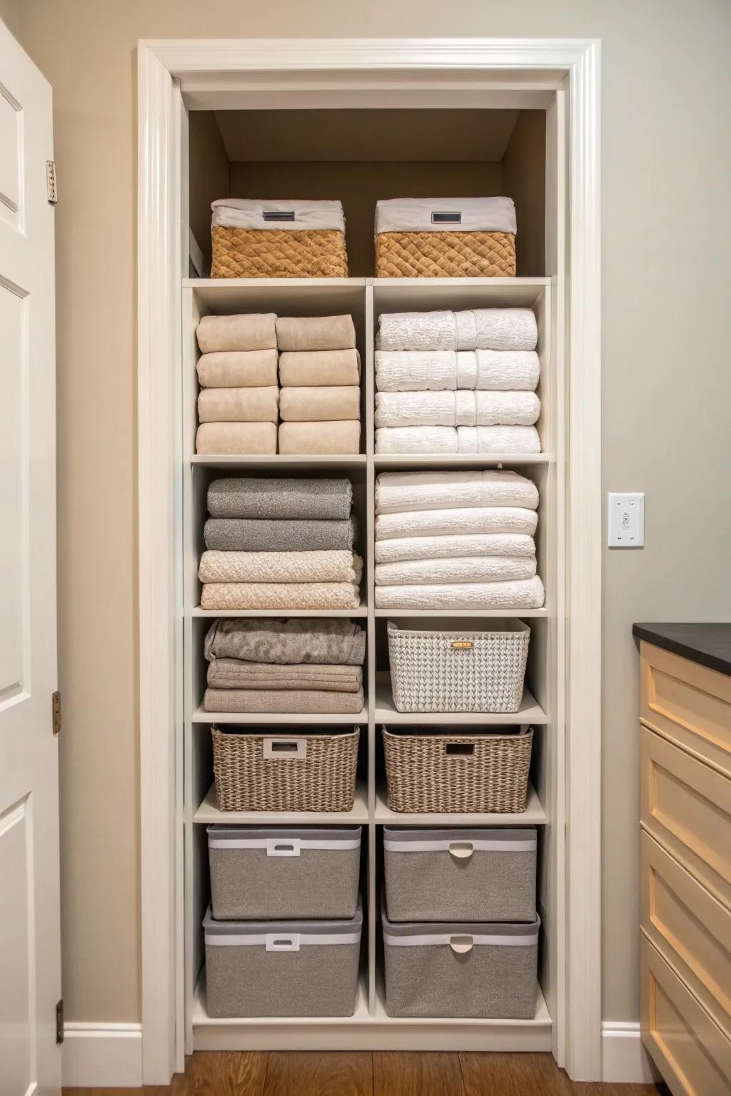Making use of vertical height maximizes storage in a linen closet.