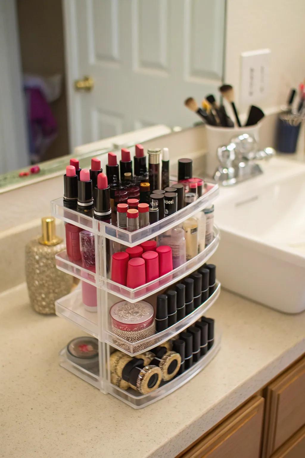 Keep essentials within reach using a tiered stand.