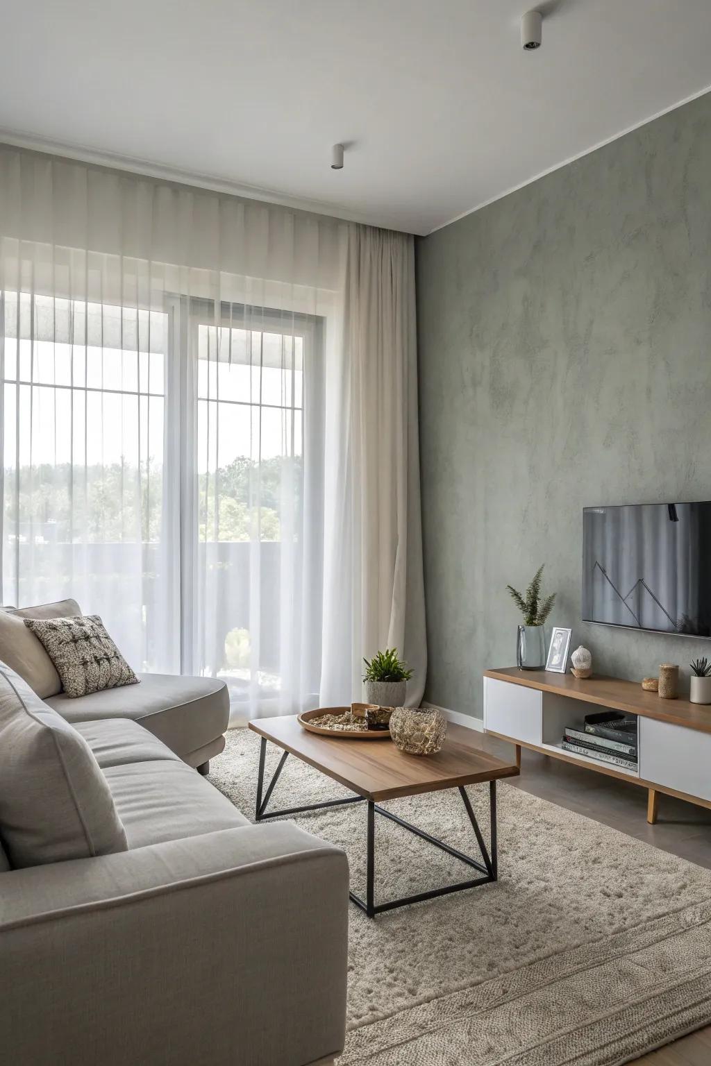 A minimalist feature wall in light gray contributes understated sophistication.