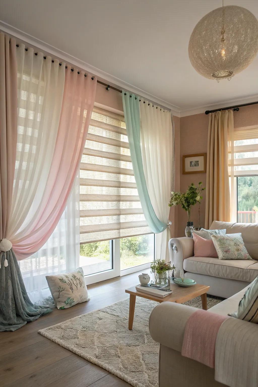Layered window treatments for an opulent appearance.