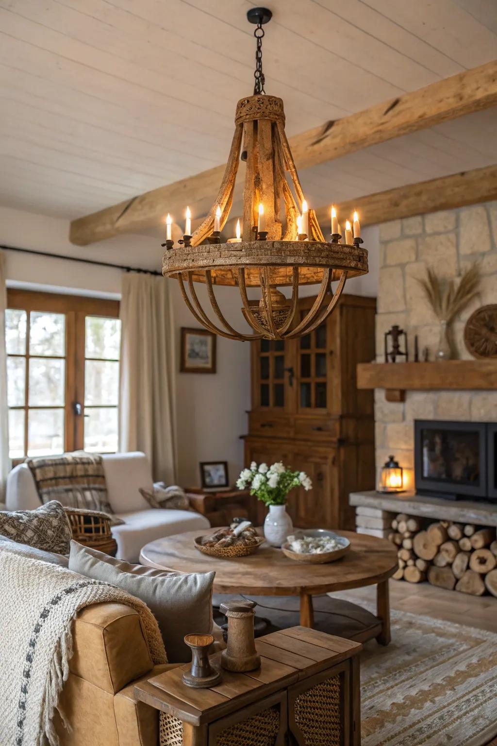 A cozy living room with a country-style chandelier that incorporates timber details.