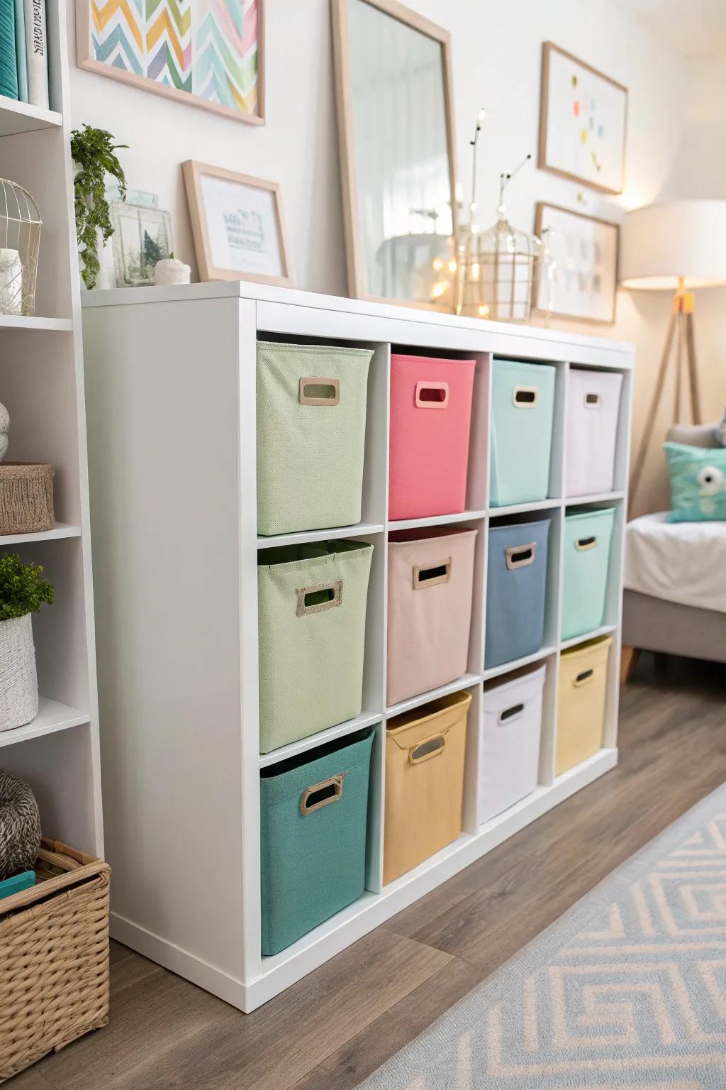 Color-aligned cube storage creating a balanced, sophisticated living area.