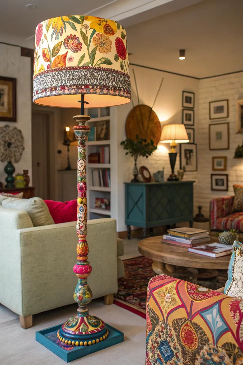 A vibrant living room featuring a playful colorful floor lamp.