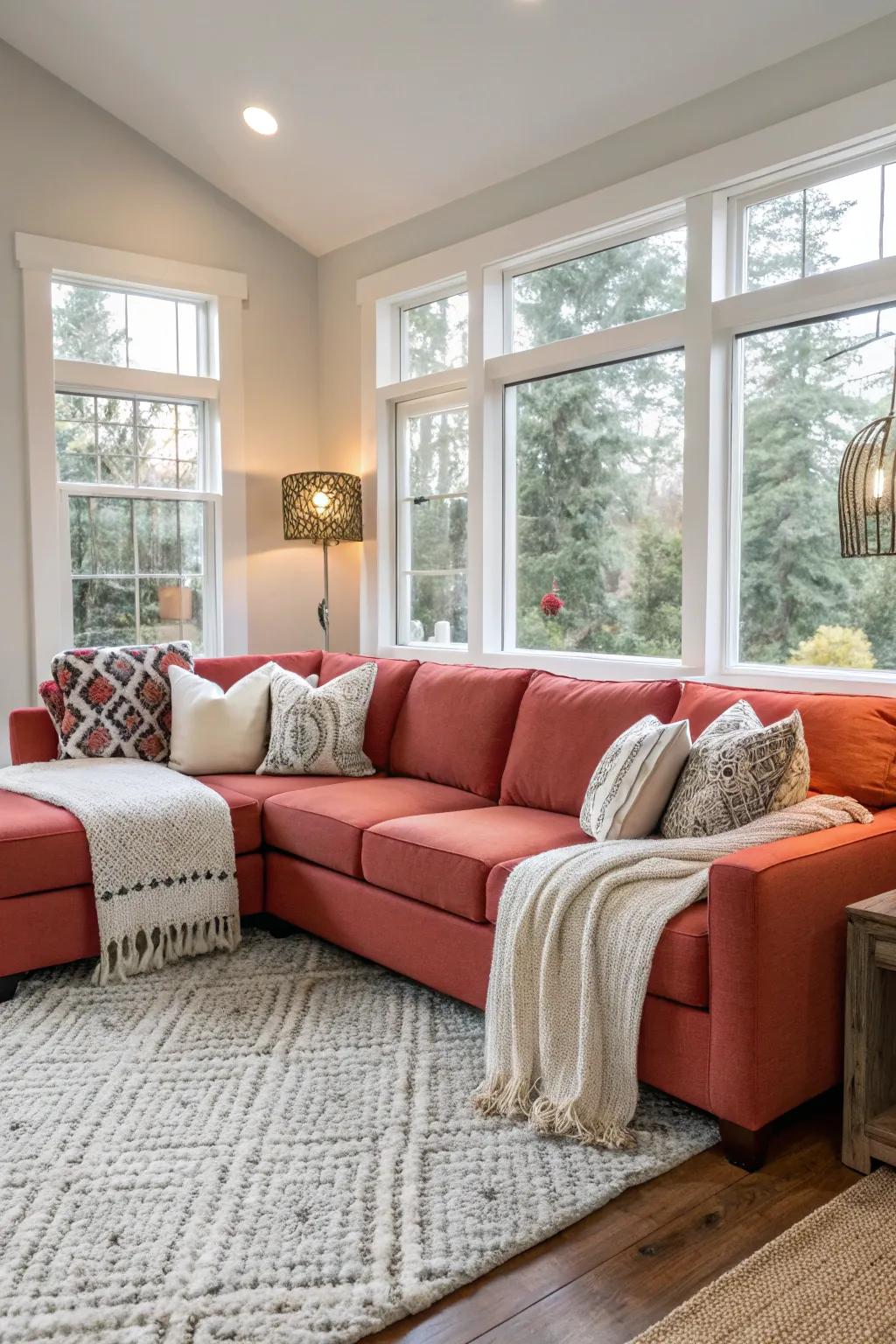 A vibrant sectional adds a lively element to the living room.