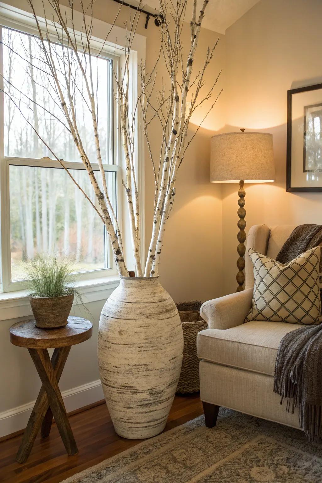 Tall silver birch stems in a floor holder bring natural texture to a comfortable living space corner.