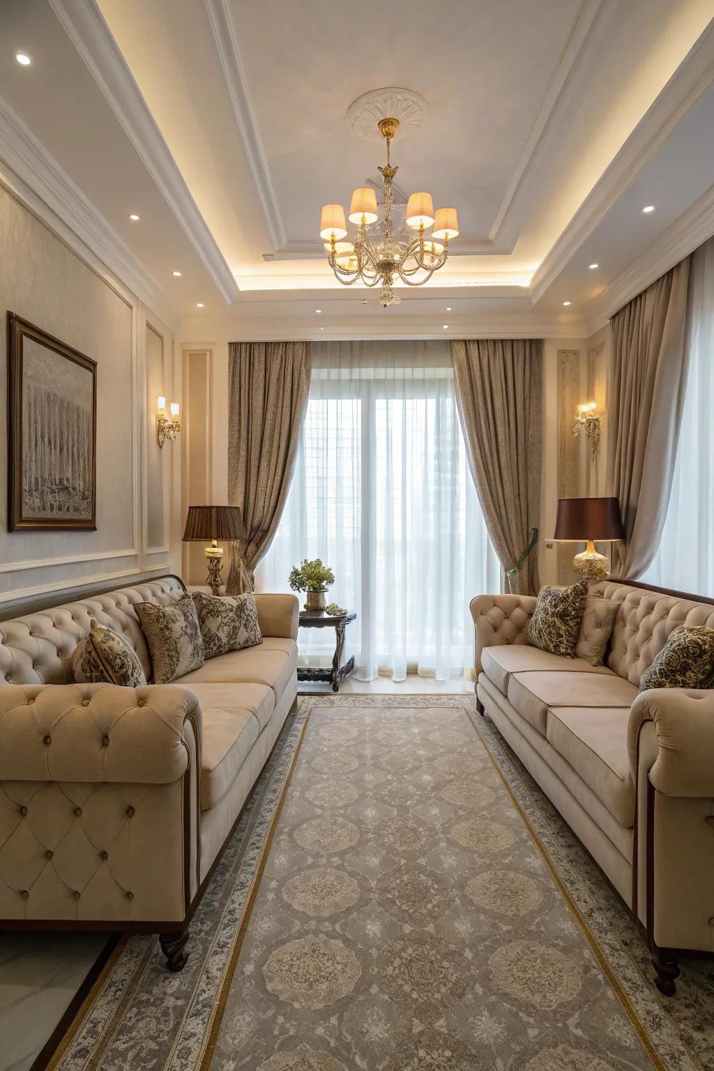 A formal living room arrangement with two sofas positioned face-to-face.