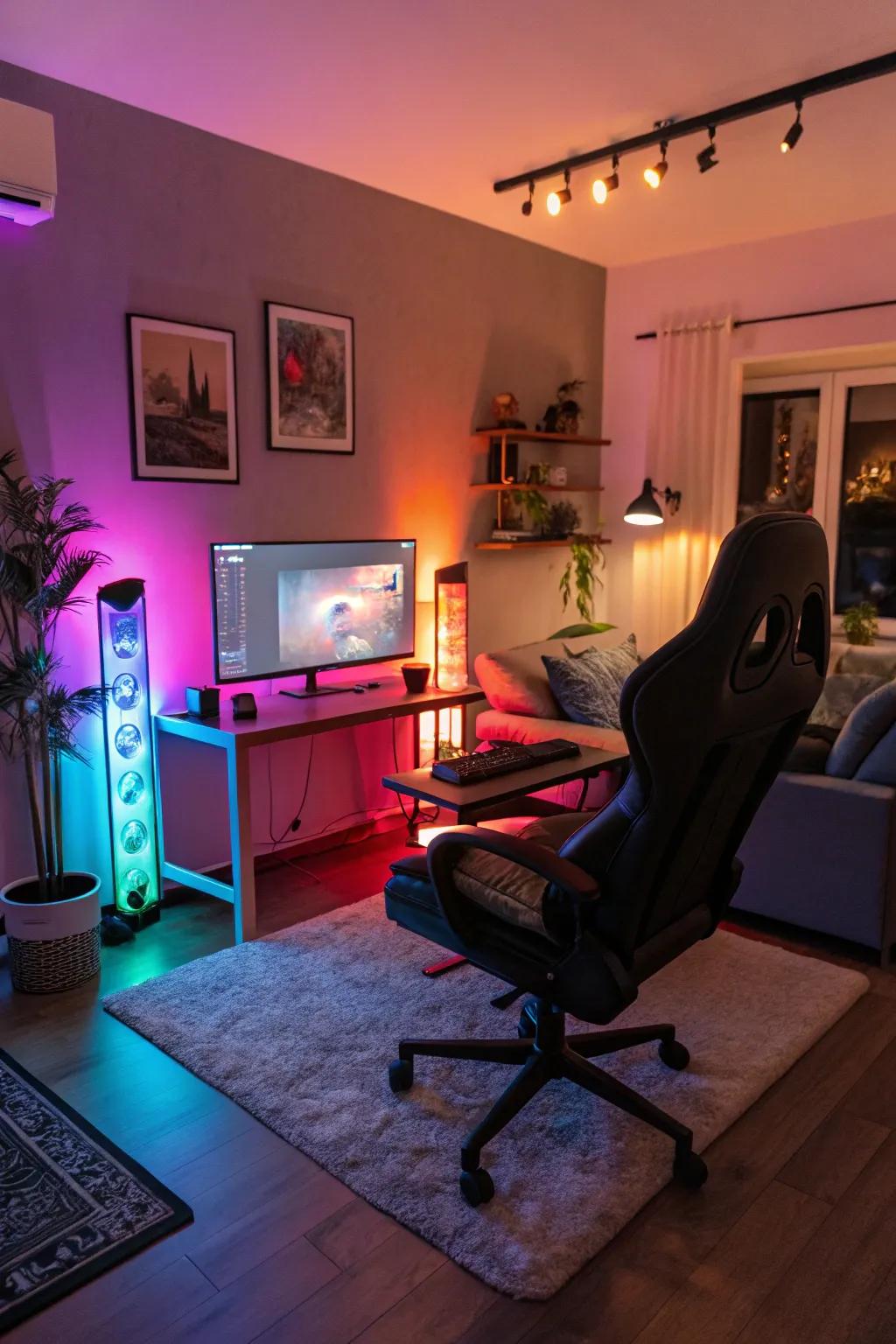 Programmable lighting provides a vibrant and adaptable ambiance.