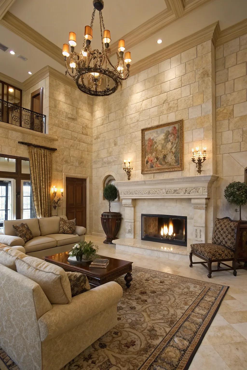 Living area featuring opulent genuine stone tiles surrounding the hearth.