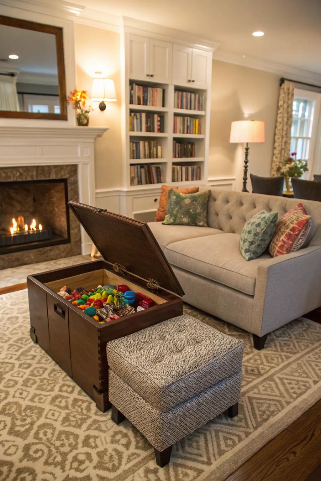 An ottoman provides both additional seating and hidden storage.