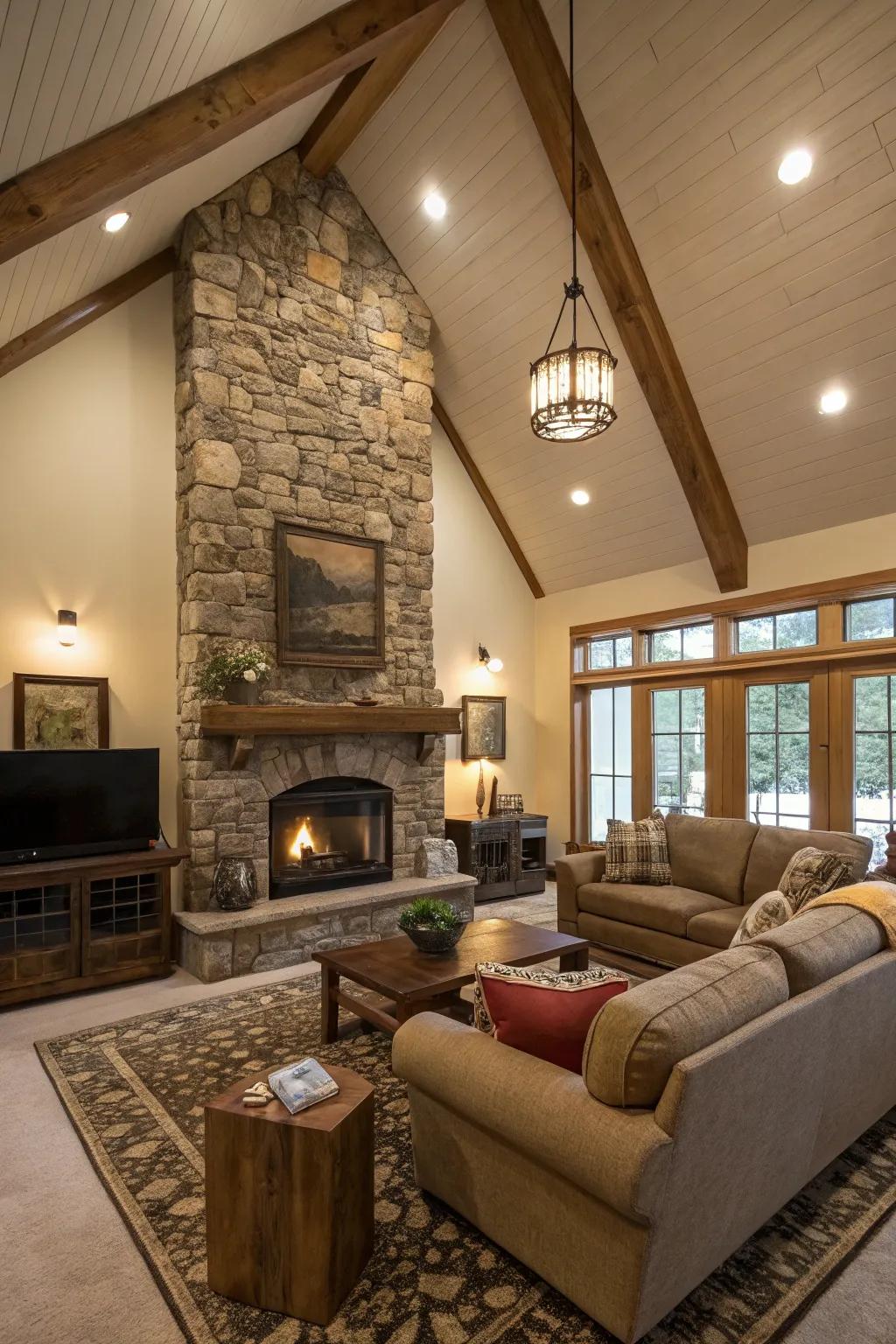 A stone fireplace acts as a comfortable feature in a room with a high ceiling.