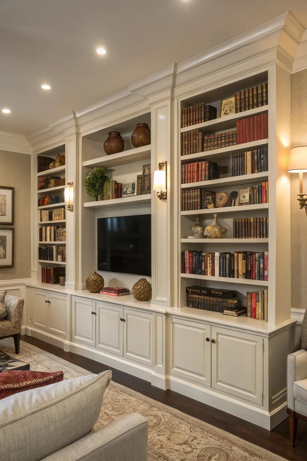 Built-in bookshelves provide a smooth, sophisticated aesthetic.