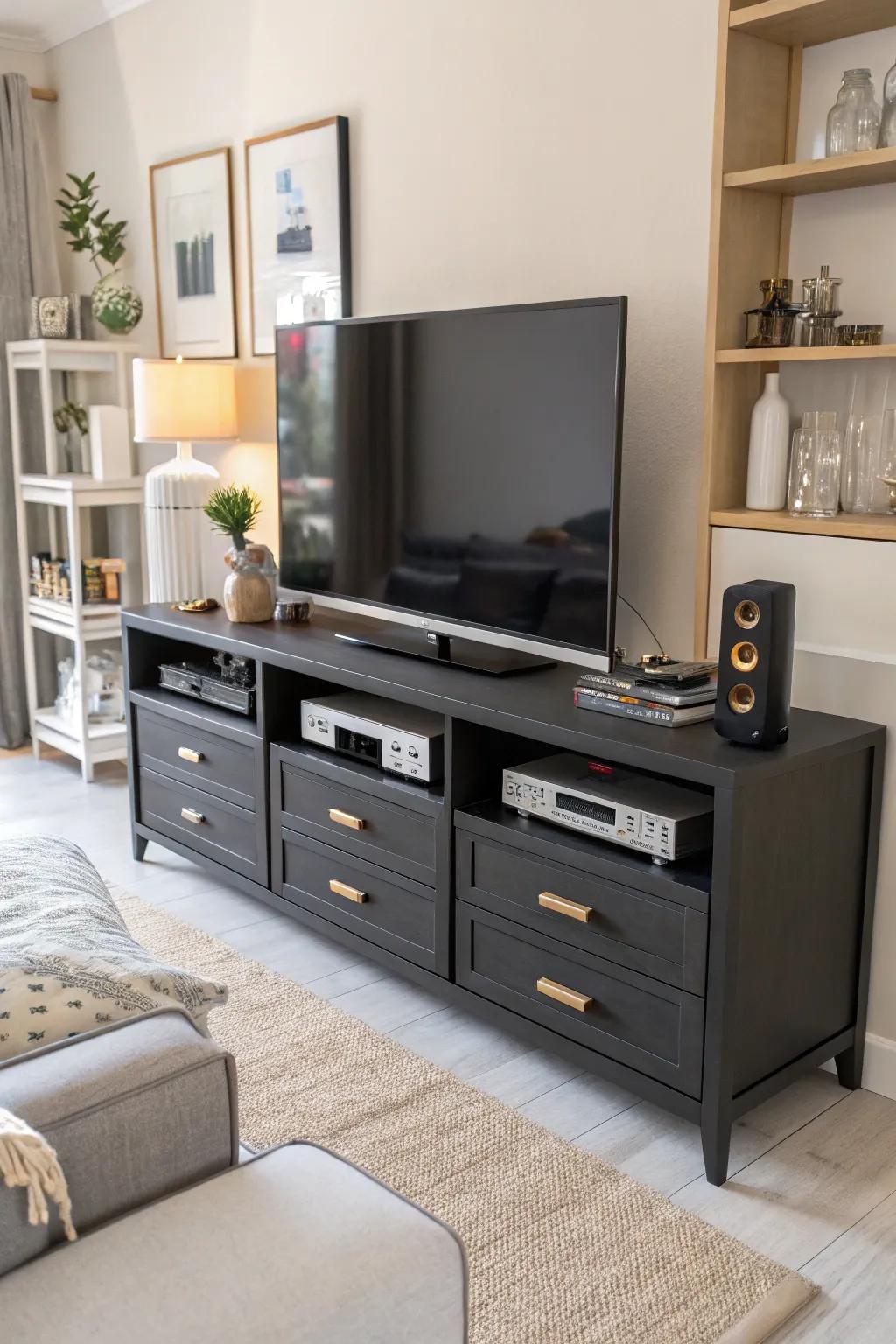 A modern media center with storage helps maintain an organized living space.