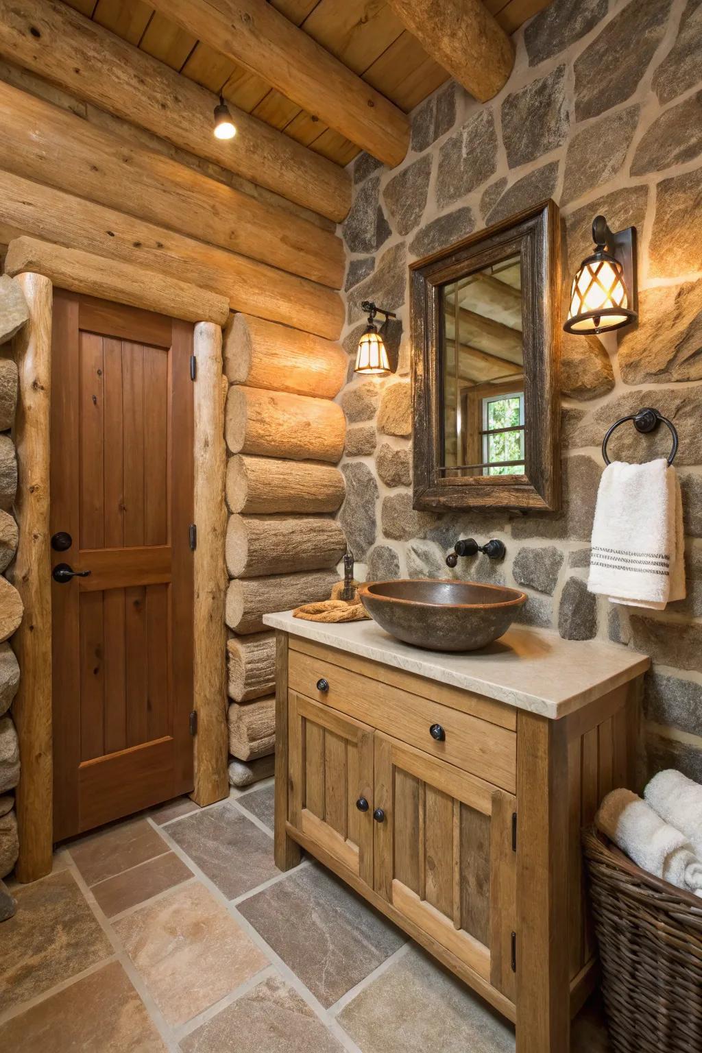 A log cabin bathroom with an earthy color palette.