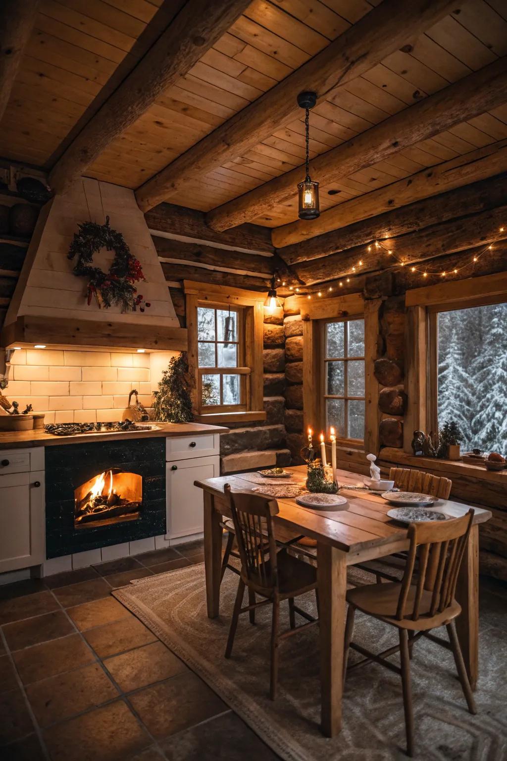 Comforting ambient lighting improves the inviting sensation of this log cabin kitchen.