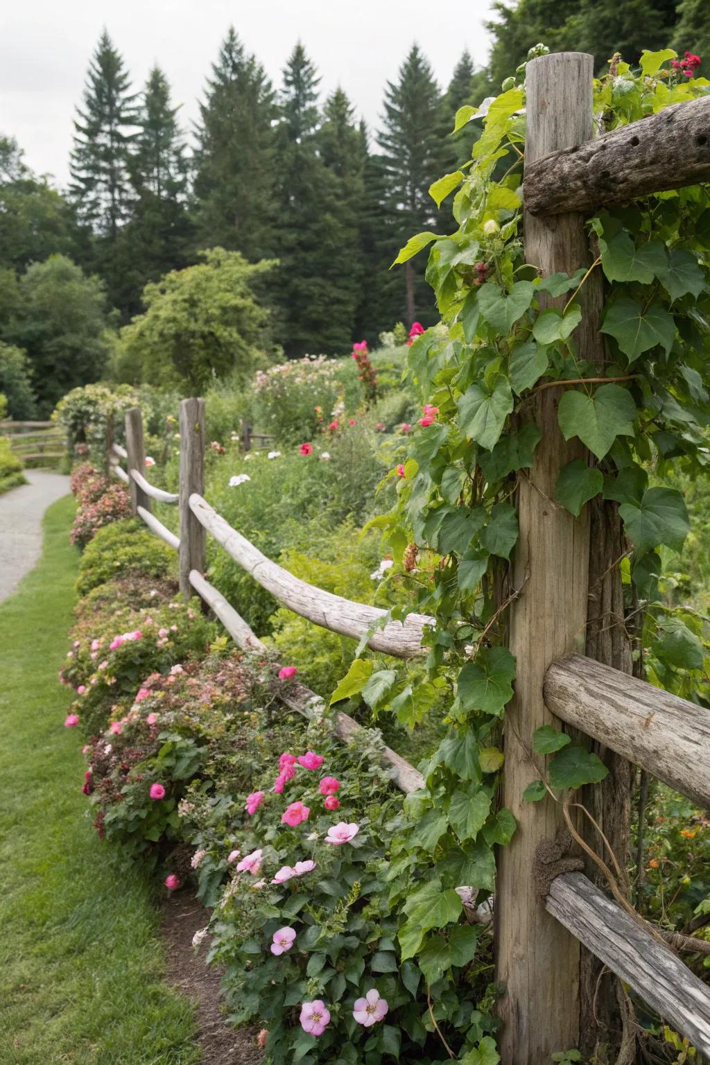 Log fences perform efficiently as climbing vegetation supports.