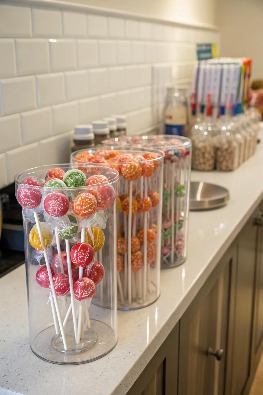 Tube-shaped containers provide a streamlined, contemporary lollipop presentation.