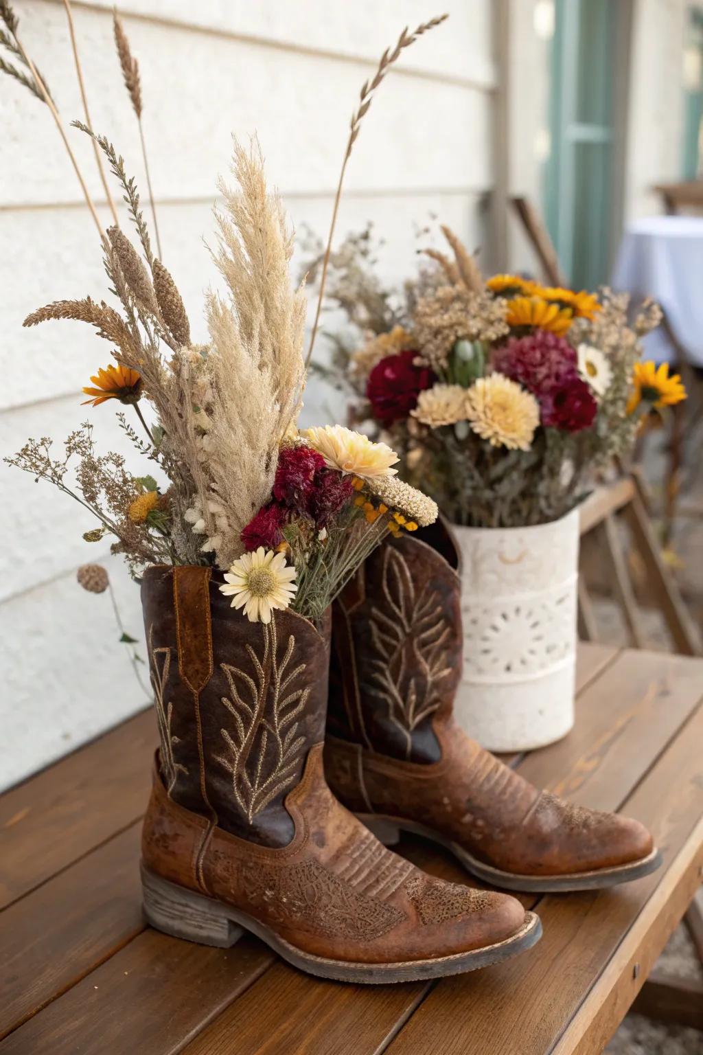 Cowboy boots creatively repurposed as charming decorative vases.
