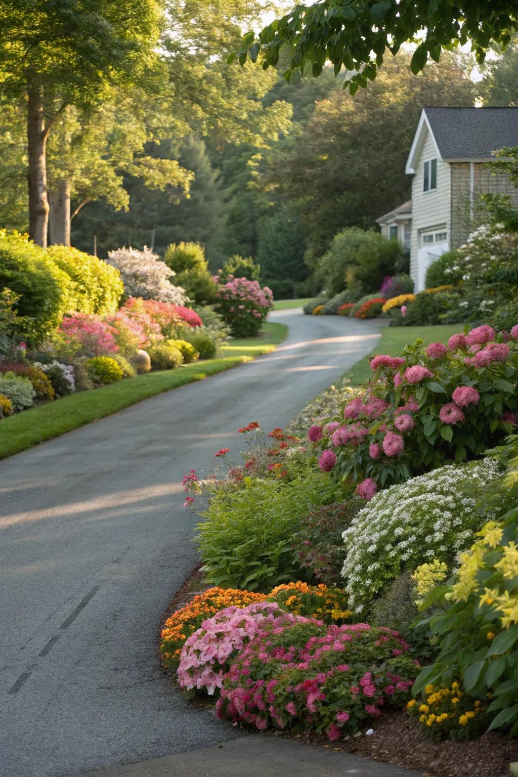 A vibrant floral border turns the driveway into a garden stroll.