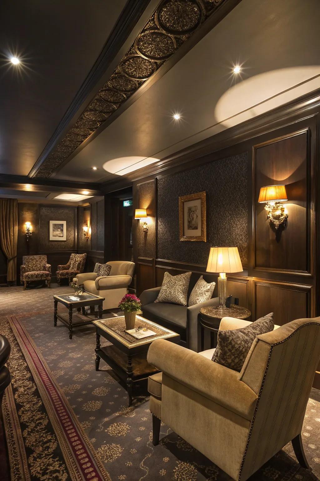 A dark-colored living room that provides a cozy, cocoon-like atmosphere.