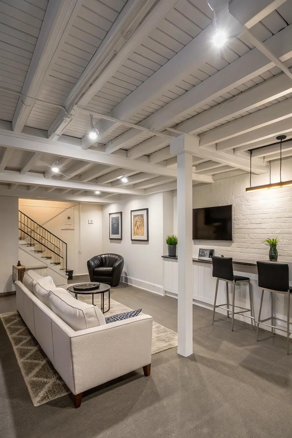 Painted beams introduce architectural appeal and visual height to the ceiling.