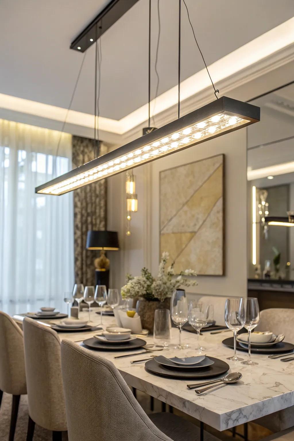 A stylish linear pendant lamp hangs above a dining table.