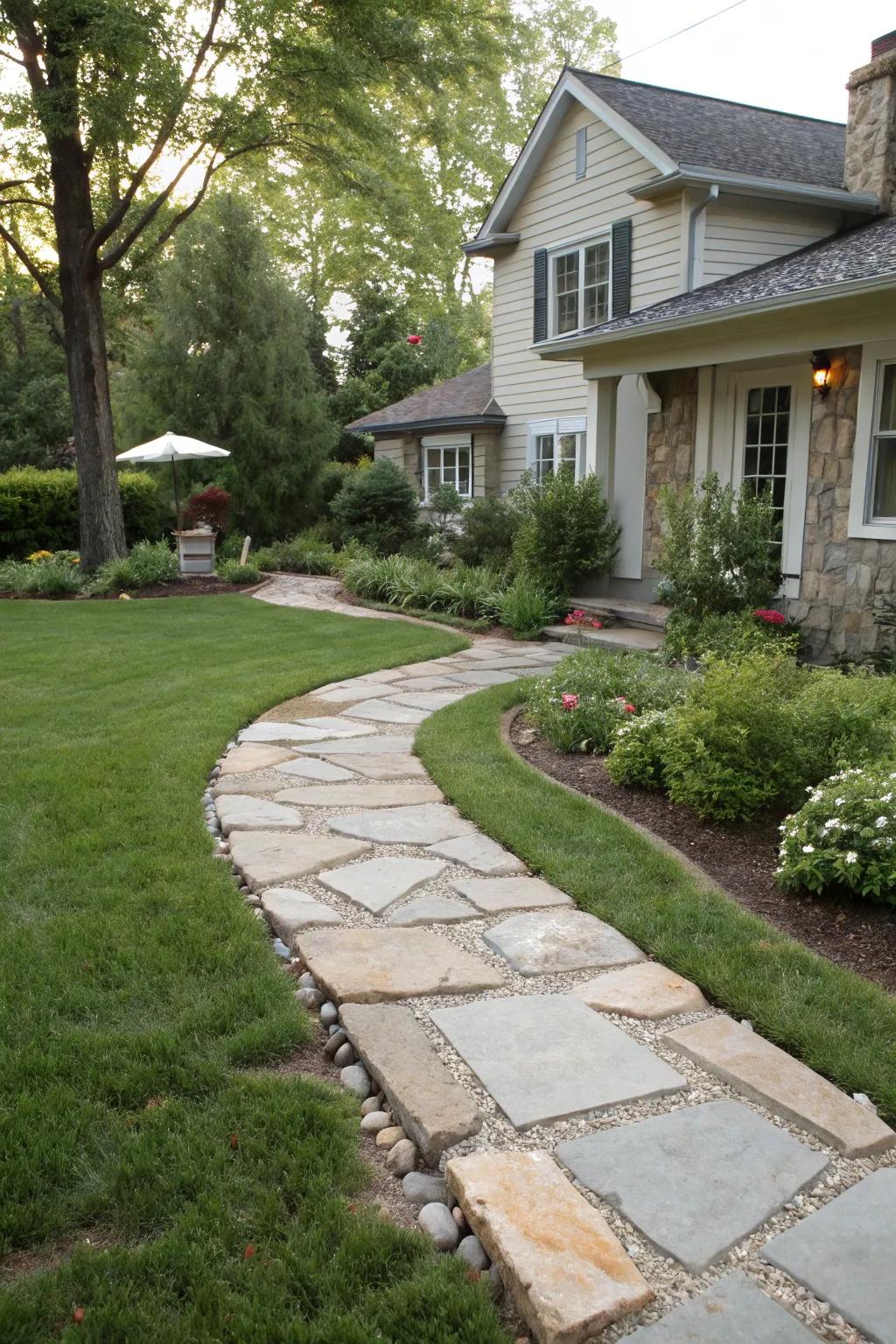 Hardscape elements that define and organize a front yard.