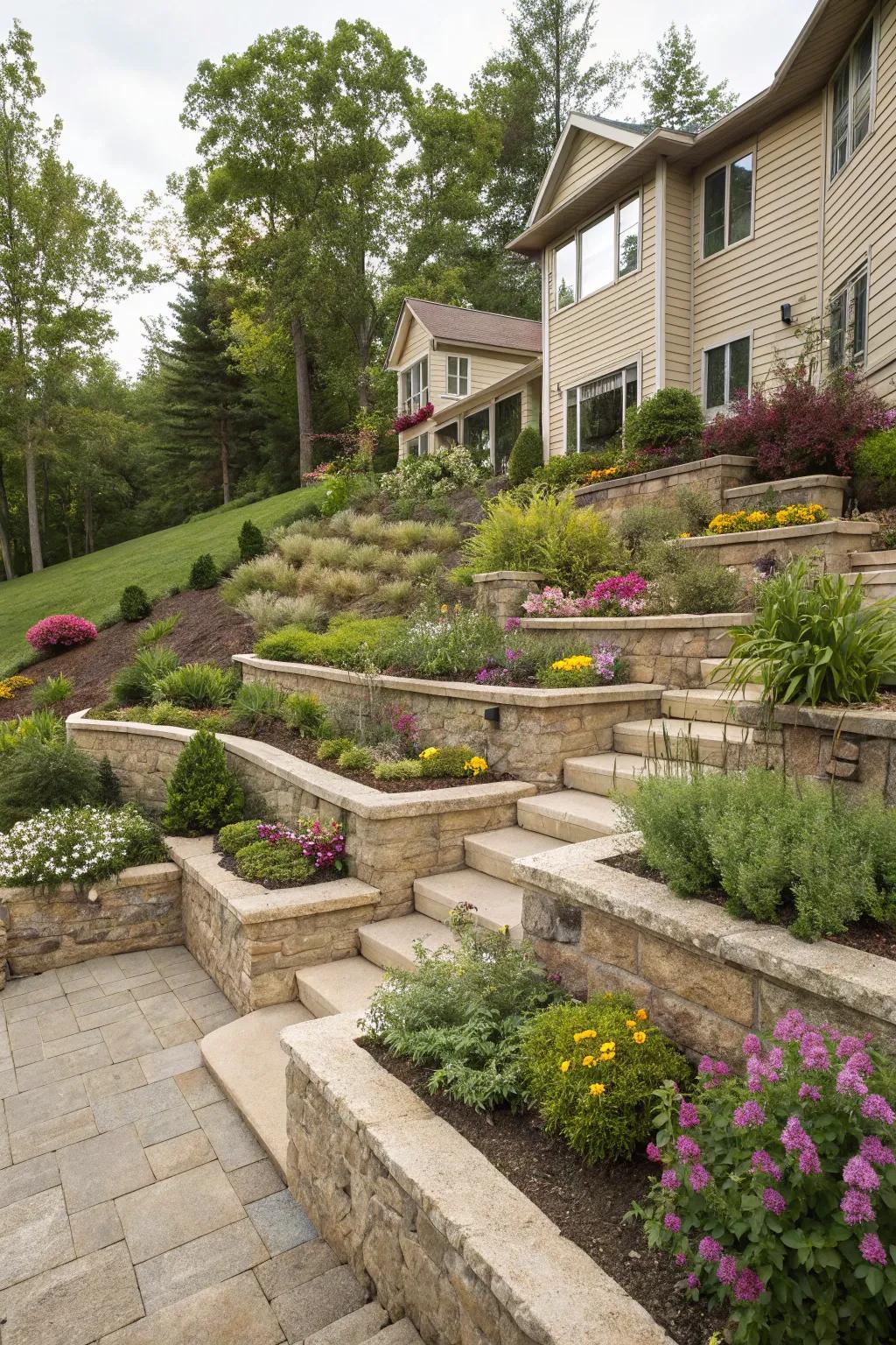 Terracing offers both functionality and a visual treat on sloping yards.