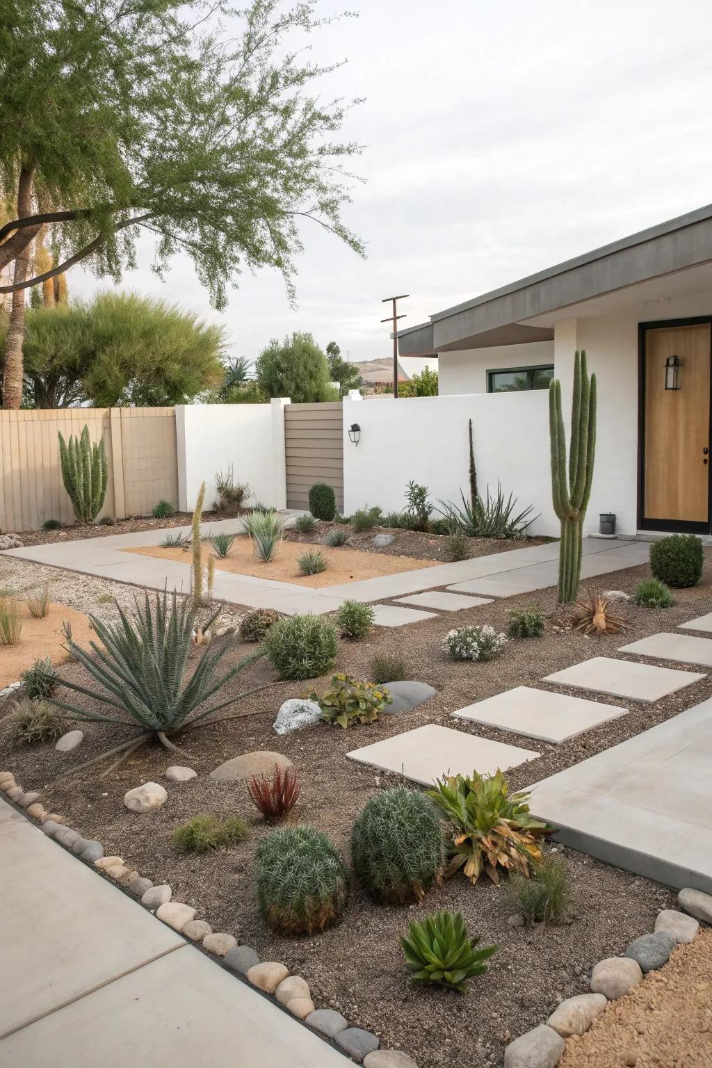 A minimalist design in a xeriscape front yard provides tranquility and ease of care.