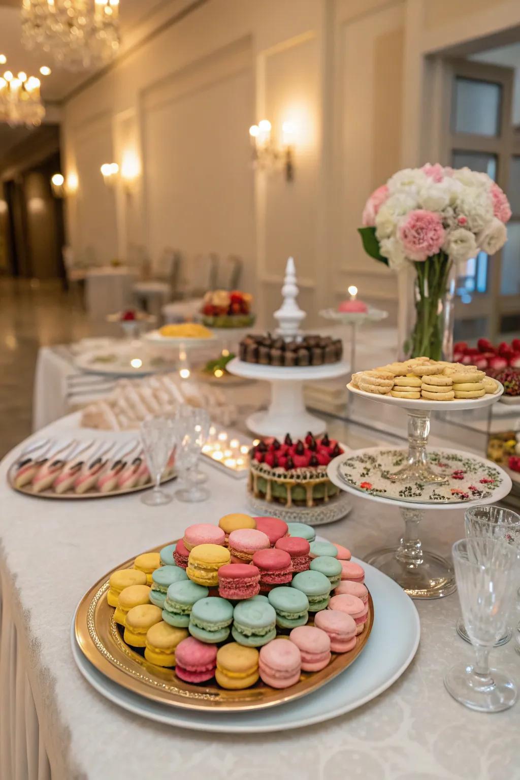 A dessert showcase featuring macarons and assorted confections.