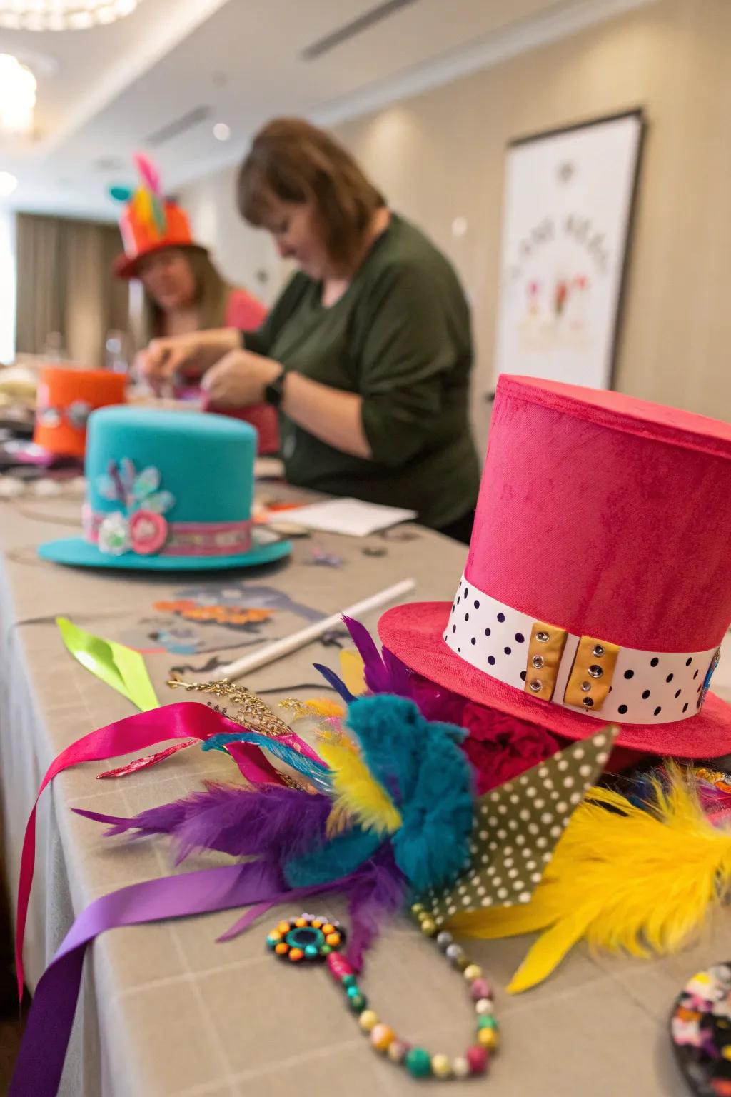 A crafting hub showcasing an array of supplies for embellishing one-of-a-kind Mad Hatter headwear.