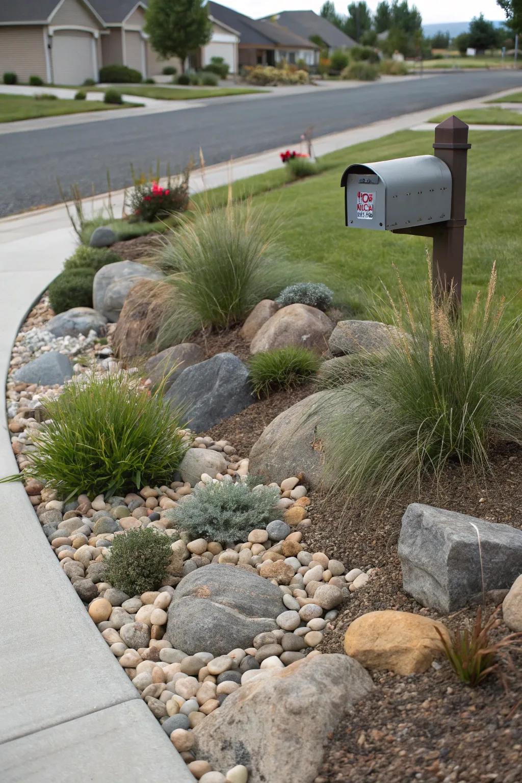 A small stone retreat adds a calm touch to your mailbox.