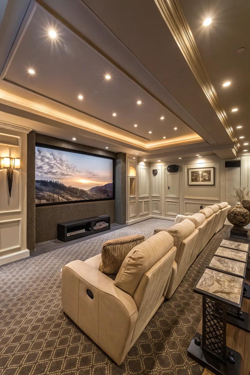 Experience cinematic magic at home with a state-of-the-art basement theater.