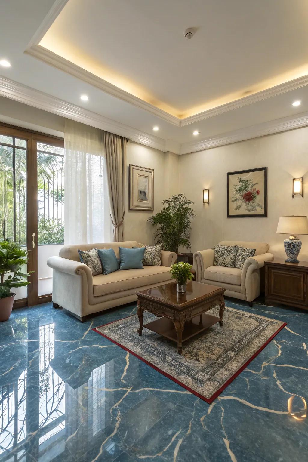 Soothing azure stone flooring for a tranquil living space.