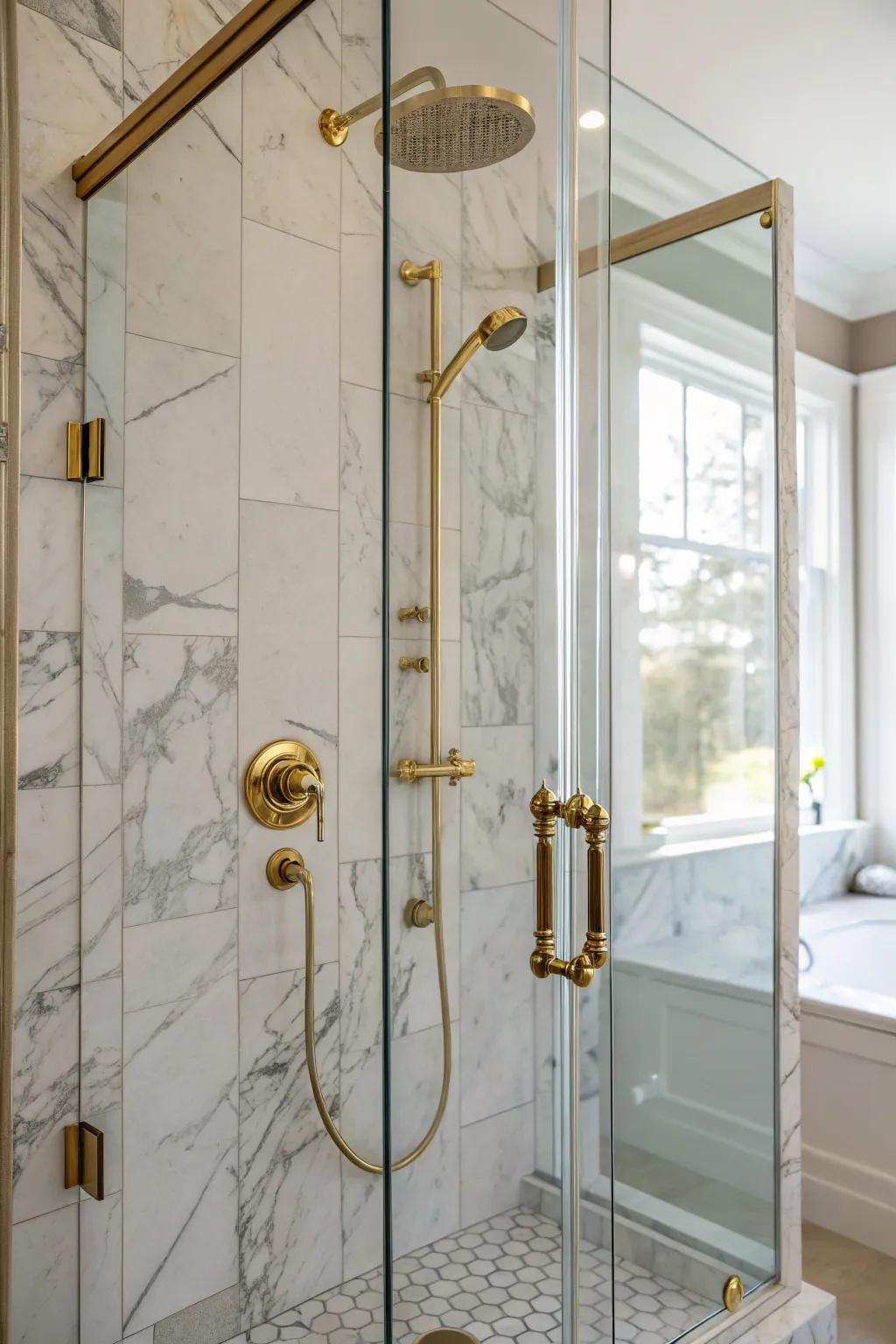 Gilded details amplify the luxury of marble tiles.