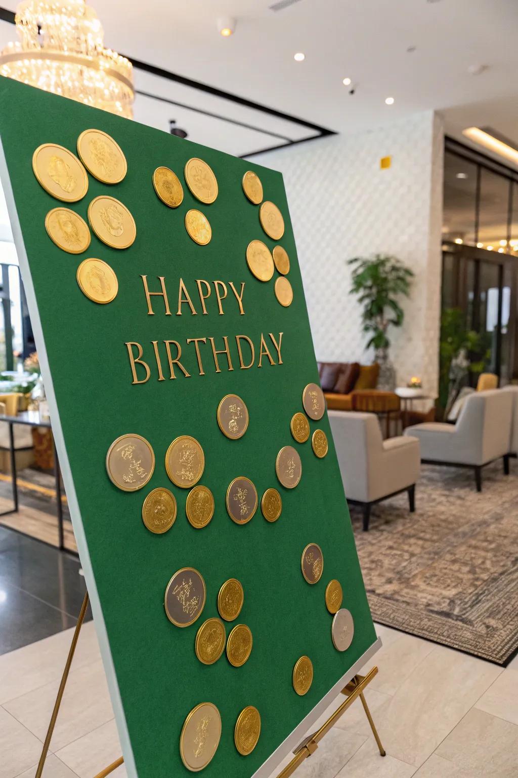 Gold coins add a touch of luxury to this March birthday board.