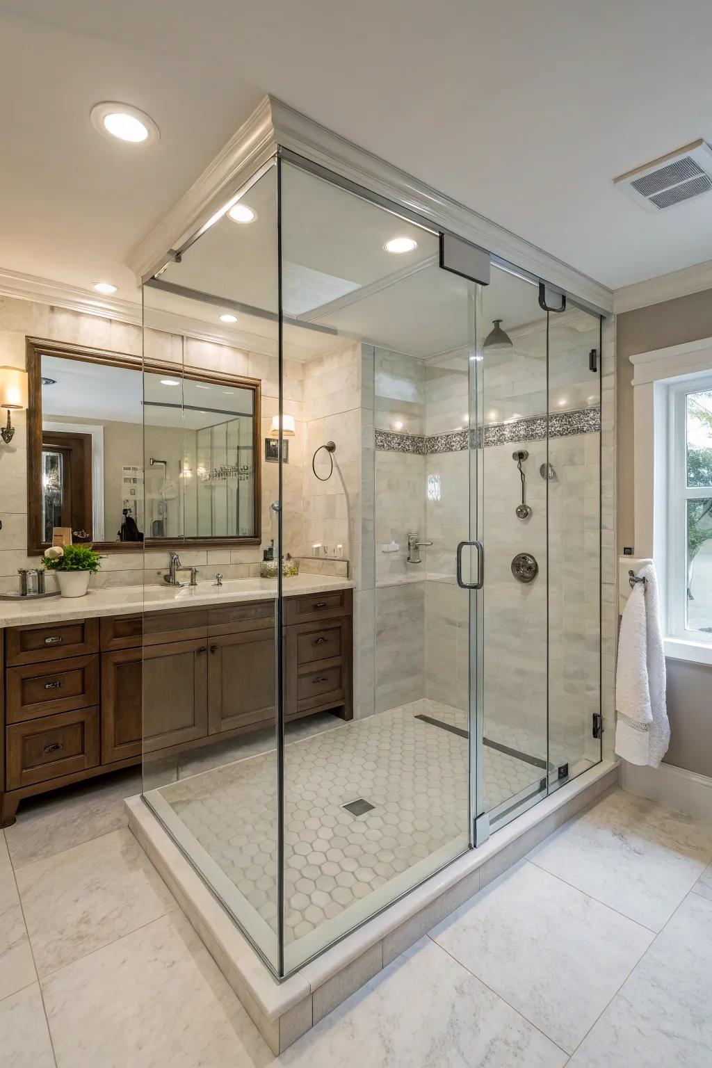 This walk-in shower gives a hint of modern luxury with its streamlined design.