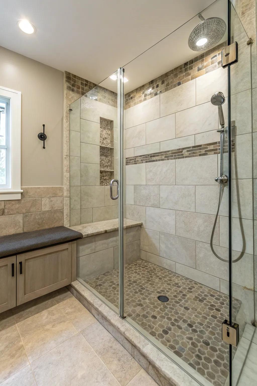 A walk-in shower highlighting a comfortable built-in seat.
