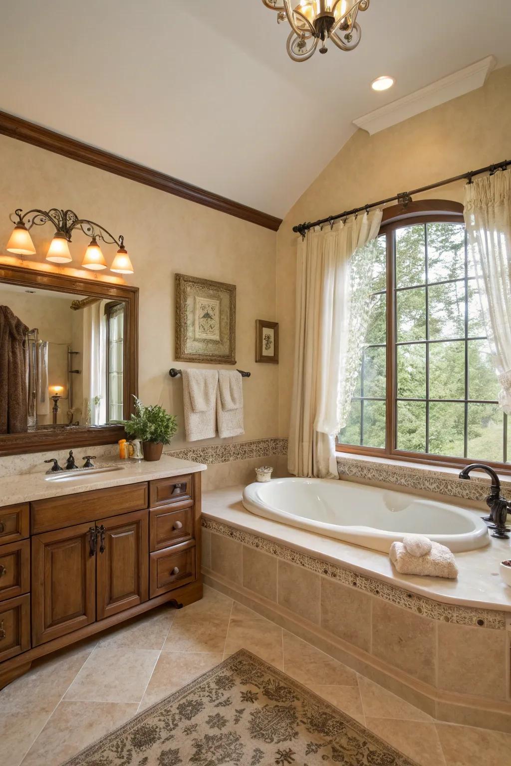 A calming neutral color scheme envelops the main bathroom.