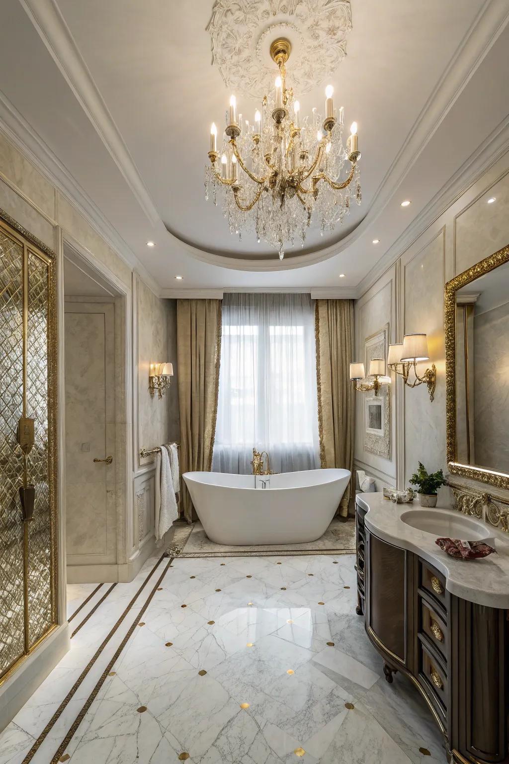 Lavish bathroom featuring refined chandelier lighting.