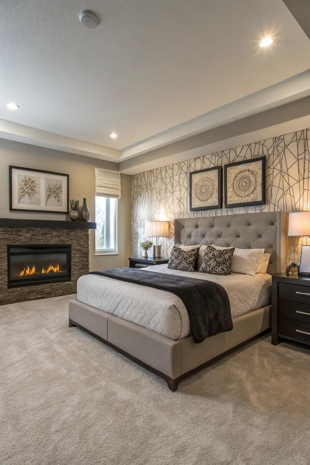 A wall-mounted electric fireplace adds elegance and saves space in the bedroom.