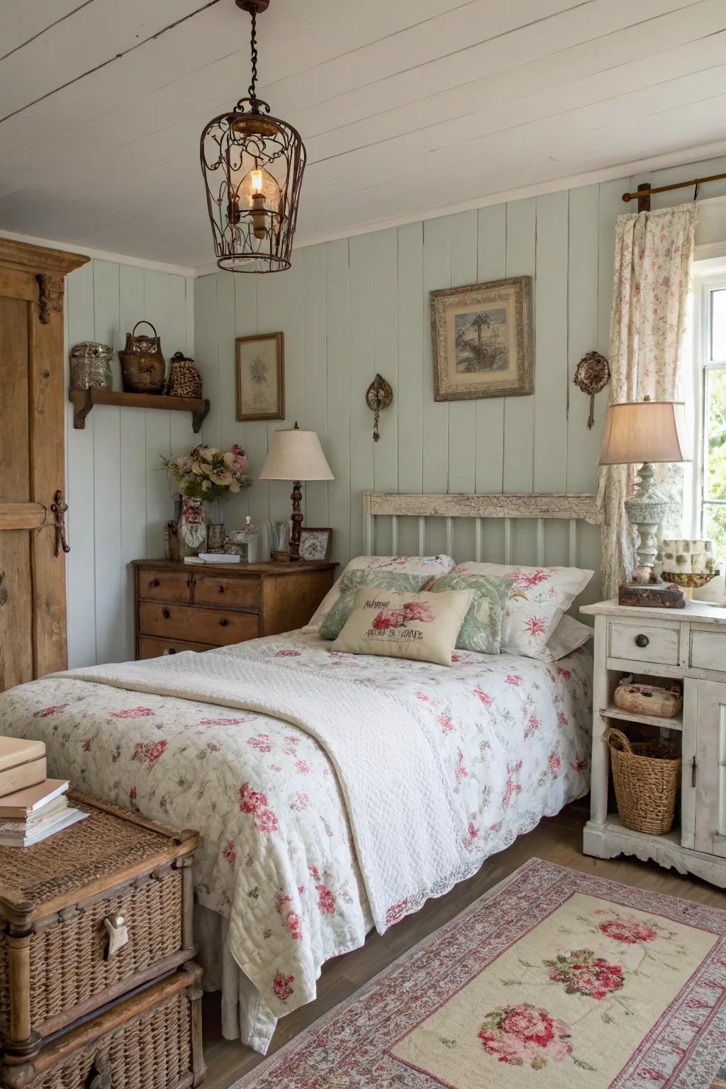 Vintage charm enhanced by shabby chic decor within a farmhouse bedroom
