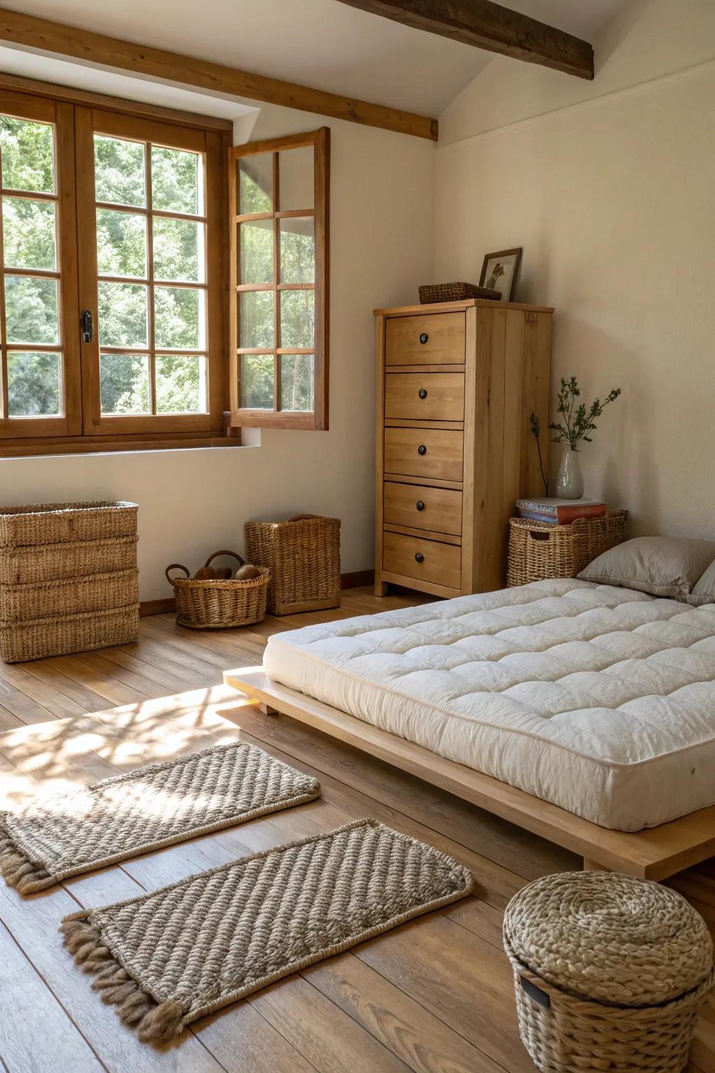 Natural design elements enhance the room’s cozy feel.