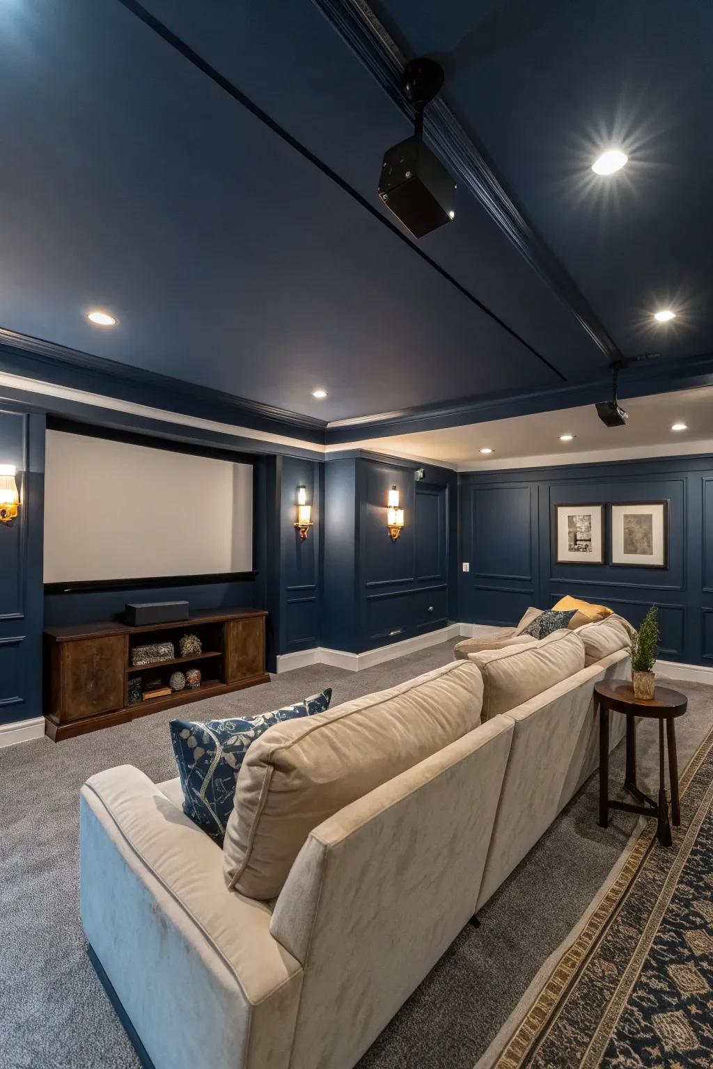 A peaceful media room highlighted by navy blue, perfect for unwinding.