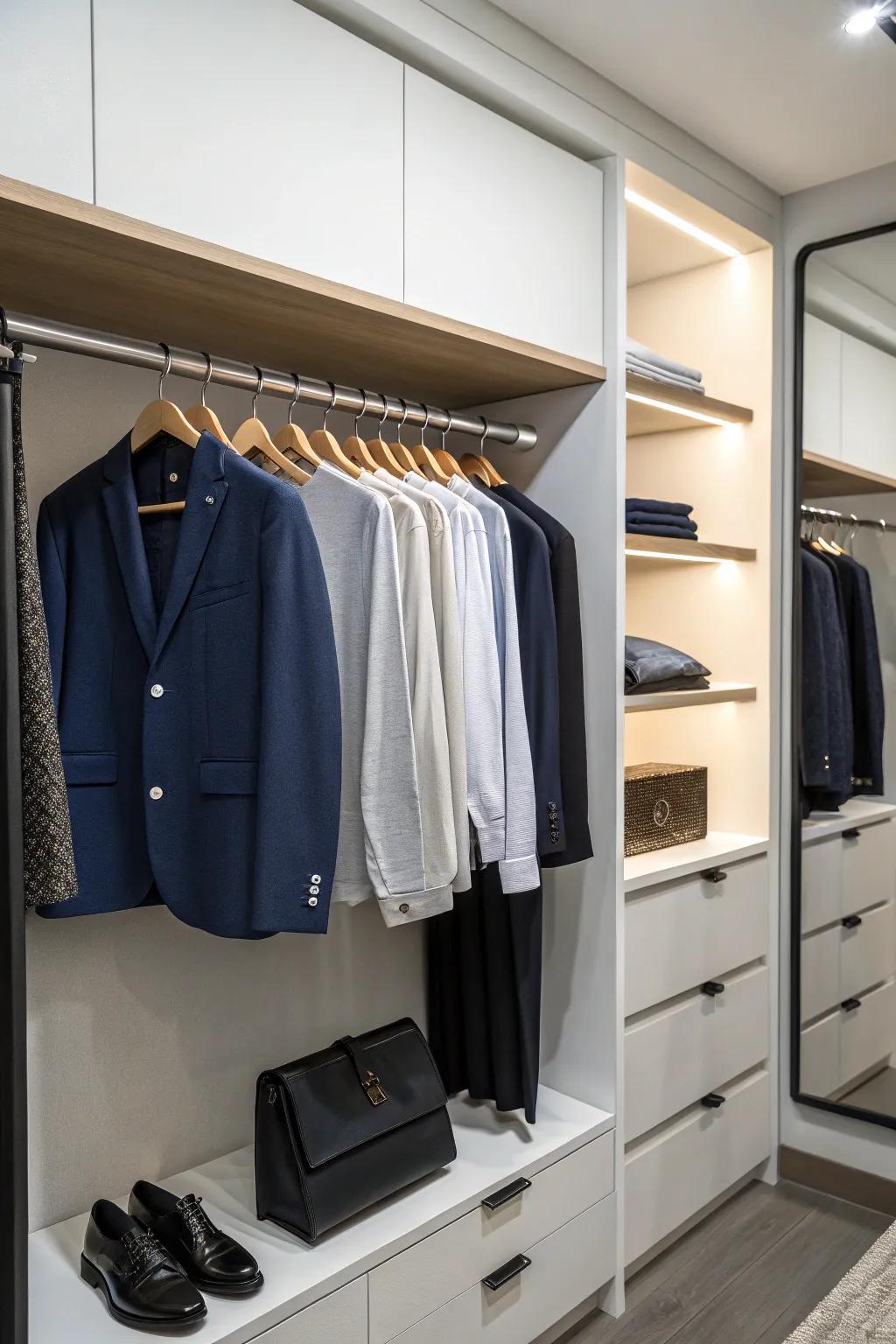 A streamlined closet that radiates peace and order.