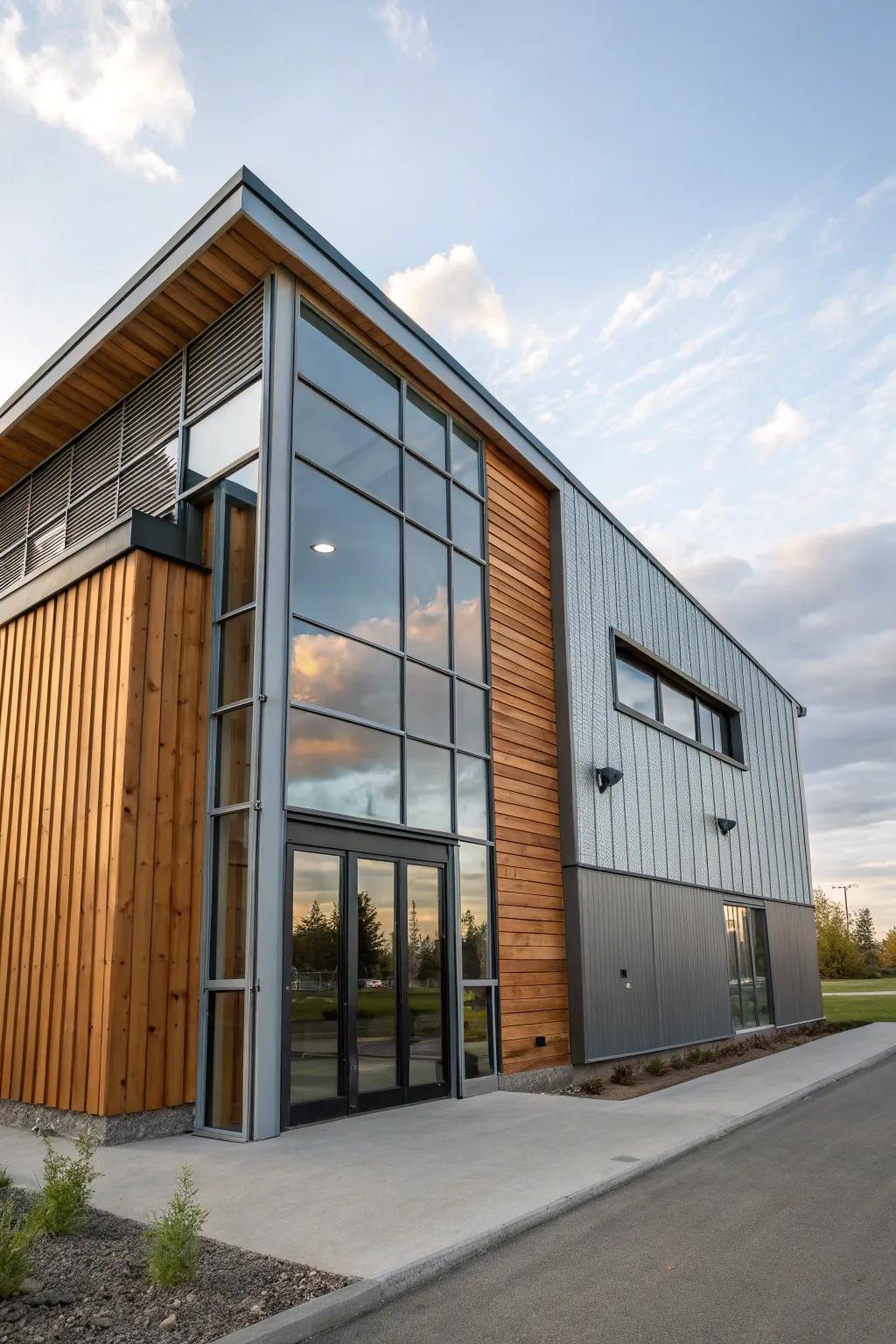 Diverse materials make a vibrant and inviting building exterior.