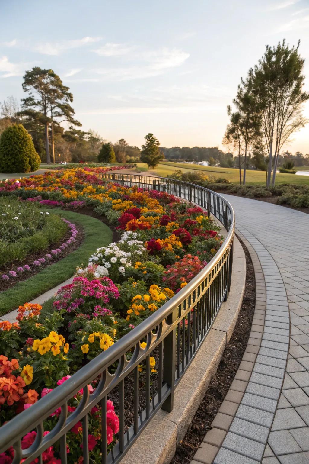Curved metal edging enhances garden designs with elegance.