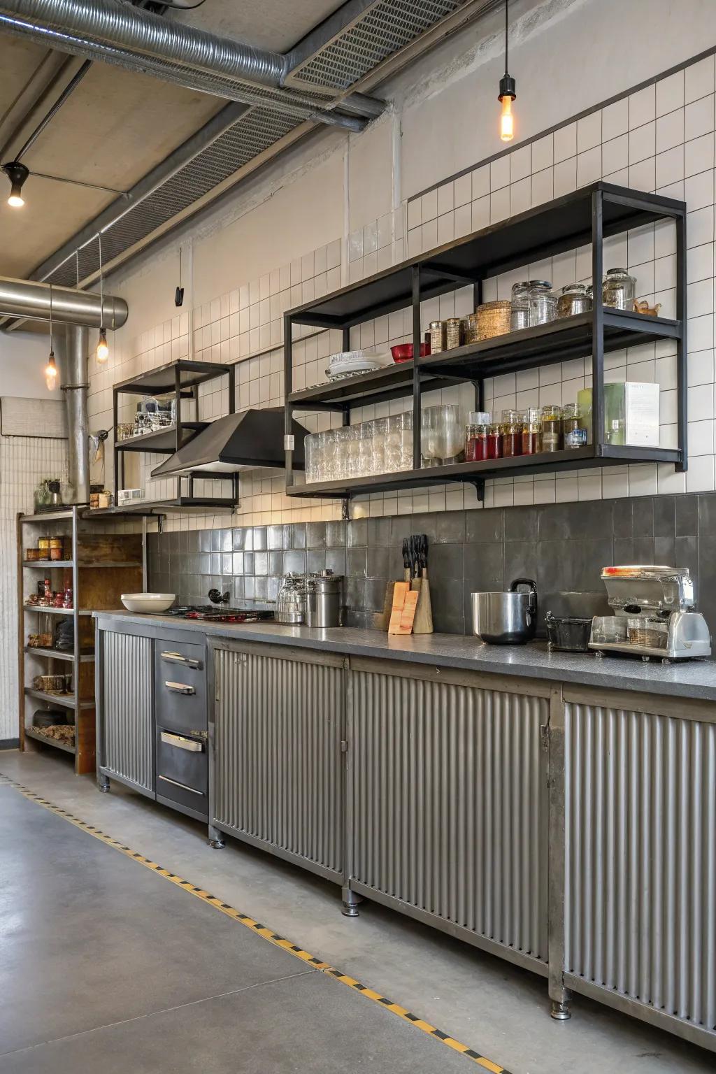 Metallic paneling infuses your culinary space with industrial charm.