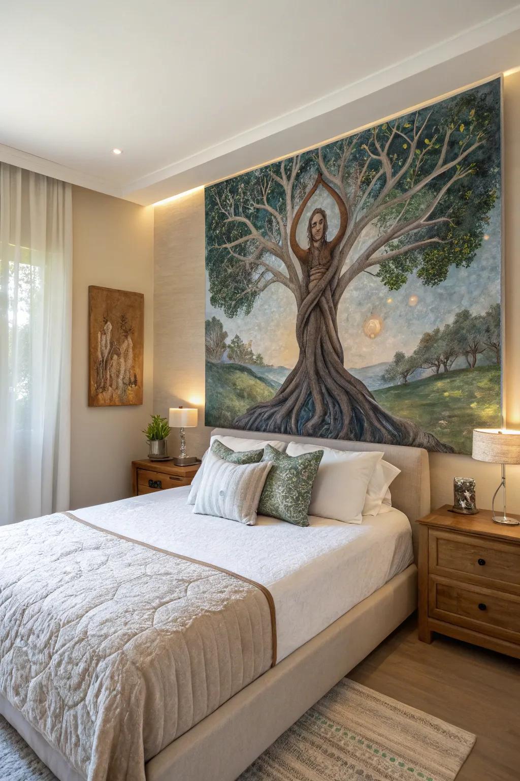 A human figure merges with a tree, celebrating oneness with nature.