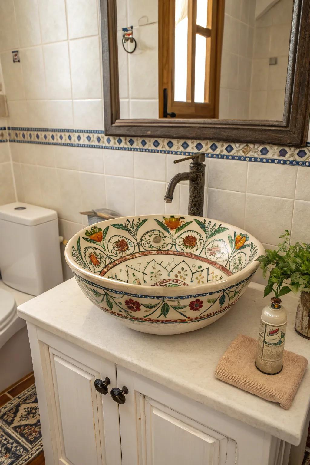 An impressive hand-painted basin acts as the centerpiece.