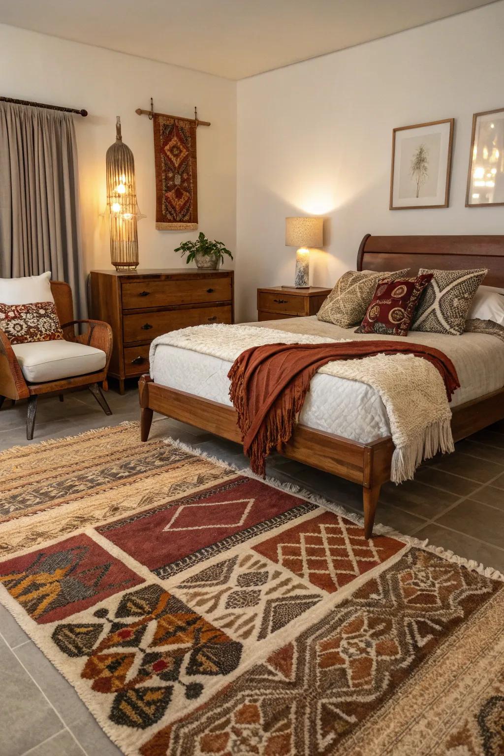 A warm mid-century modern bedroom enhanced by textured rugs and soft throws.